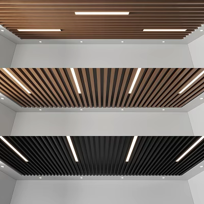 Modern Ceiling Design With Wooden Slats And LED Strip Lights In Different Colors 3d model