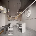 Modern Café Interior With Open Space White Counter Black Rattan Chairs And Wall Art