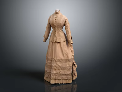 Elegant Vintage Button Front Dress With High Collar Long Sleeves Ruffled Skirt 3d model