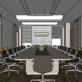 Modern Conference Room Interior Design With Long Table Chairs Projection Screen And Ceiling Lights