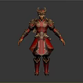 Detailed Game Movie Character in Red Ornate Armor with Golden Intricate Patterns and Decorative Helmet