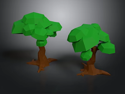 Low Poly Style Two Trees With Green Canopies And Brown Trunks On Gray Background 3d model