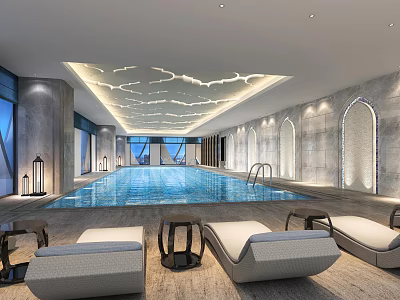 Indoor Swimming Pool With Cloud Shaped Ceiling Lighting Arched Walls And Lounge Chairs 3d model