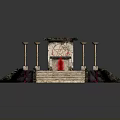 Mystical Ceremonial Altar Scene With Stone Platform Steps Purple Cloth And Golden Candelabras