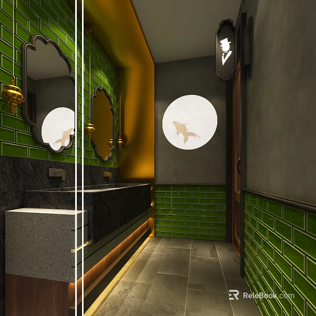 Public Restroom Interior With Green Brick Walls Double Mirrors And Black Countertop 3d model 