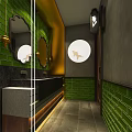Public Restroom Interior With Green Brick Walls Double Mirrors And Black Countertop