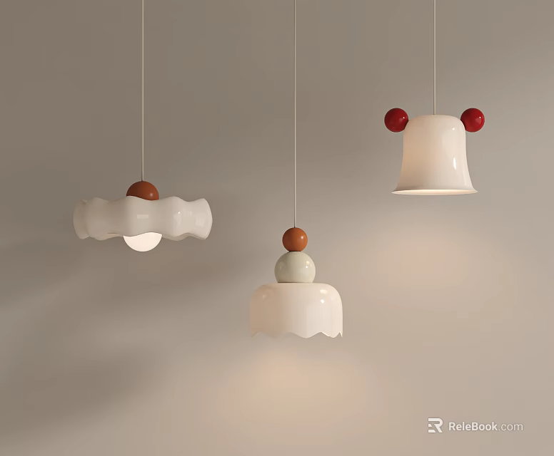 Three Modern Pendant Lights with White Ceramic Bodies and Red Brown Decorative Balls 3d model 