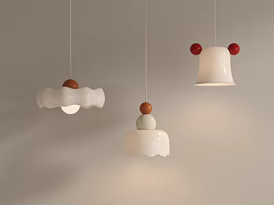 Three Modern Pendant Lights with White Ceramic Bodies and Red Brown Decorative Balls 3d model