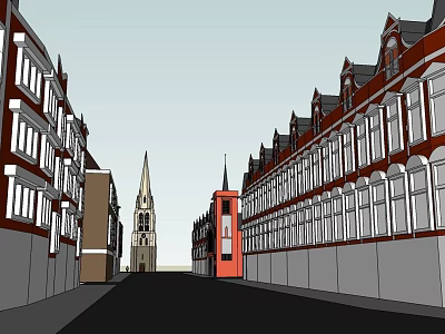 Red Brick Commercial Street With Buildings On Both Sides And Distant Tall Spire 3d model