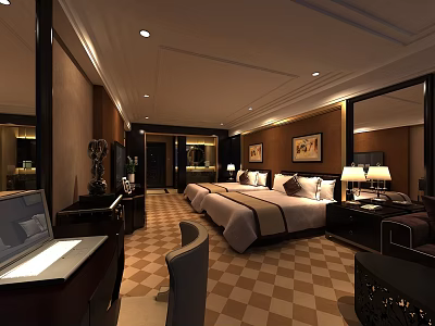 Hotel Guest Room With Twin Beds Decorative Paintings Table Lamps And Checkerboard Floor 3d model