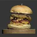 Delicious Layered Burger With Juicy Patty Bacon And Melted Cheese Served On Wooden Plate