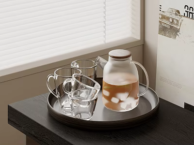 Glass Cups and Glass Pitcher With Ice Cubes on Wooden Tray by Window Blinds 3d model