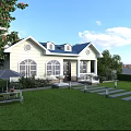 White Detached House With Blue Roof Lawn Patio Stone Pathway Outdoor Furniture And Trees