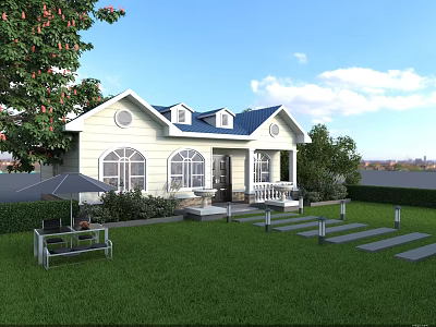 White Detached House With Blue Roof Lawn Patio Stone Pathway Outdoor Furniture And Trees 3d model