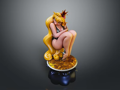 Anime Female Figure With Long Blonde Hair Crown Black Bikini Sitting On Golden Base 3d model