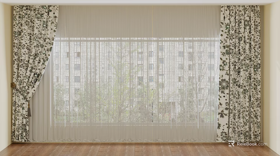 Sheer Curtains With Floral Panels For Bright Window View And Wooden Floor 3d model 