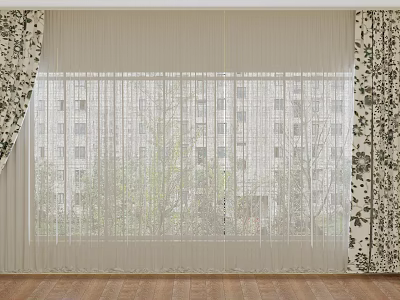 Sheer Curtains With Floral Panels For Bright Window View And Wooden Floor 3d model