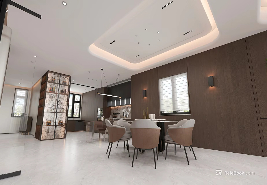 Modern Restaurant Interior Design With Wooden Walls White Floor Dining Table Chairs And Display Cabinet 3d model 