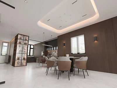 Modern Restaurant Interior Design With Wooden Walls White Floor Dining Table Chairs And Display Cabinet 3d model