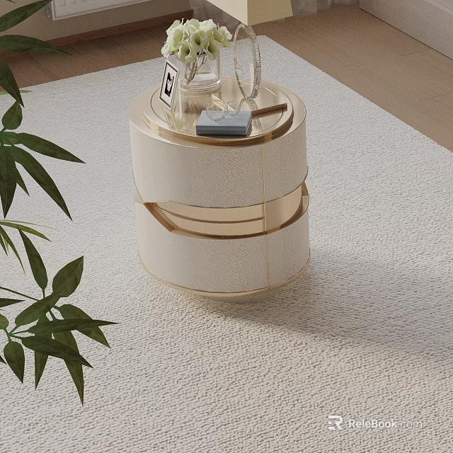 Modern Round Bedside Table With White Design Gold Accents And Decorative Vase 3d model 