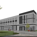 Modern Industrial Factory Building With Large Glass Facade White Gray Exterior Forklifts And Landscaped Surroundings