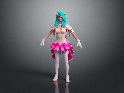 Fantasy Game Movie Character With Teal Hair Pink White Outfit And Headpiece 3d model