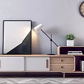 Modern TV Stand With Wooden White Design Drawers Shelves Table Lamp Potted Plant And Books