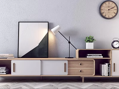 Modern TV Stand With Wooden White Design Drawers Shelves Table Lamp Potted Plant And Books 3d model