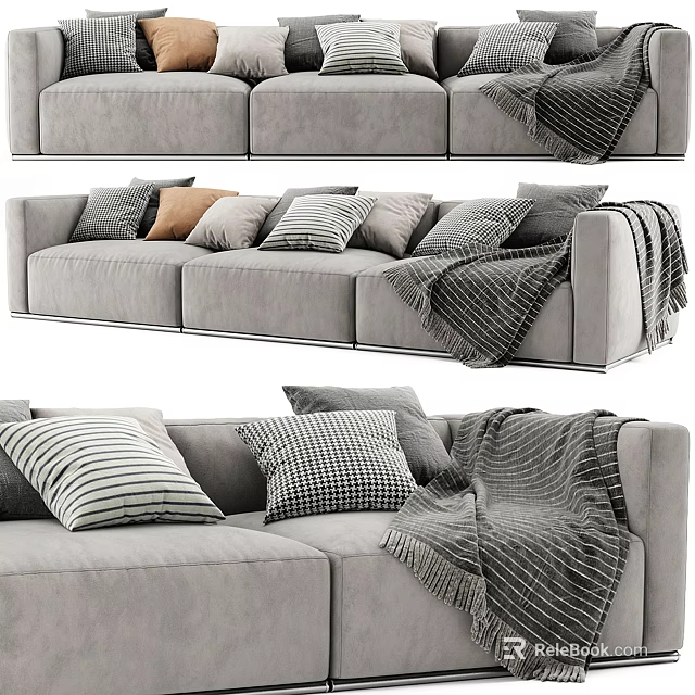 Gray Three Seater Sofa With Striped Checkered And Solid Pillows And Cozy Throw Blanket 3d model