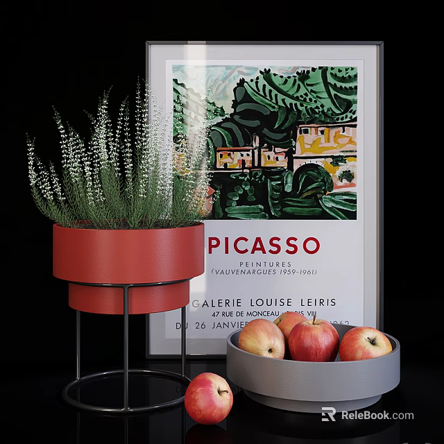 Ceramic Vessels Red Planter And Gray Bowl With Apples In Modern Interior With Picasso Poster 3d model 