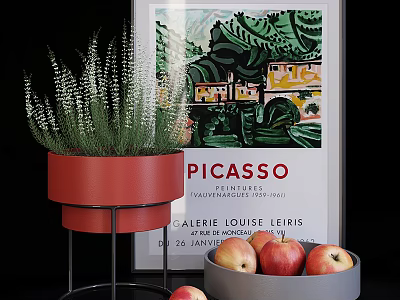 Ceramic Vessels Red Planter And Gray Bowl With Apples In Modern Interior With Picasso Poster 3d model