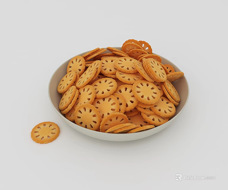 Golden Round Cookies With Hole Patterns In White Bowl On Light Background 3d model 