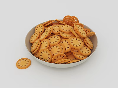 Golden Round Cookies With Hole Patterns In White Bowl On Light Background 3d model