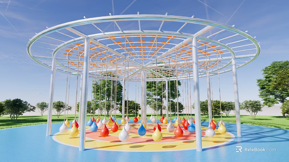 Outdoor Playground Equipment Featuring Circular Metal Frame And Hanging Colorful Swings 3d model 