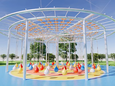 Outdoor Playground Equipment Featuring Circular Metal Frame And Hanging Colorful Swings 3d model