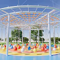 Outdoor Playground Equipment Featuring Circular Metal Frame And Hanging Colorful Swings