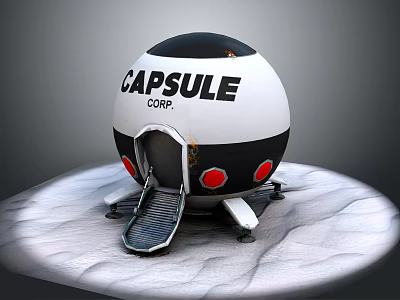 Capsule Corp Spherical Vehicle With Ramp Door And Red Markers On Gray Surface 3d model