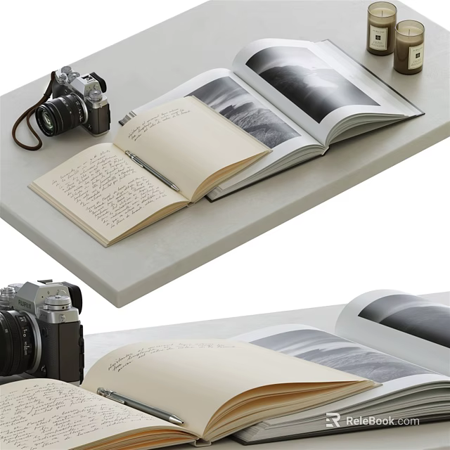 Vintage Camera With Open Book And Notebook Displayed On Tabletop Surface 3d model 