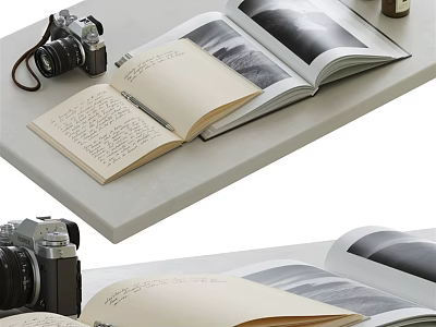 Vintage Camera With Open Book And Notebook Displayed On Tabletop Surface 3d model