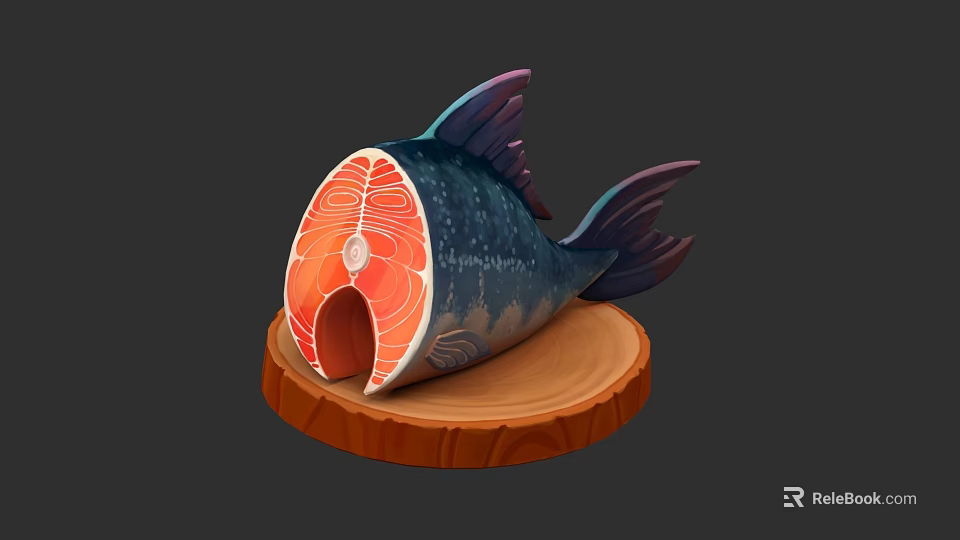 Fresh Sliced Salmon Fillet On Wooden Base With Vibrant Red Flesh 3d model 
