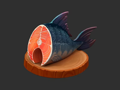 Fresh Sliced Salmon Fillet On Wooden Base With Vibrant Red Flesh 3d model