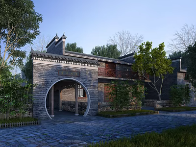Traditional Chinese Arched Entrance Gate With Stone Brick Structure Tile Roof And Surrounding Trees 3d model