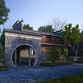 Traditional Chinese Arched Entrance Gate With Stone Brick Structure Tile Roof And Surrounding Trees