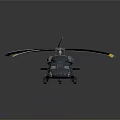 Helicopter with dark body and yellow tipped rotors parked on road with yellow double lines