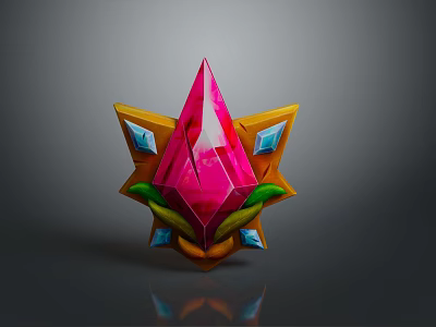 Vibrant Star Shaped Weapon Featuring Pink Gemstone Yellow Frame Green Accents And Blue Gems 3d model