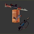 Vibrant Orange Wooden Crate With Assorted Weapons Blaster Gun And Tools