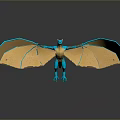 Blue And Yellow Dragon Character With Large Wings Standing On Dark Surface With Reflection