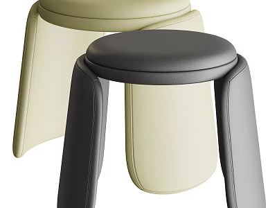 Modern Minimalist Beige and Gray Stools Featuring Leather Round Seat and Unique Leg Design 3d model