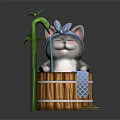 Cute Gray Cat Taking Bath In Wooden Barrel With Blue Headscarf Bamboo And Yellow Leaf
