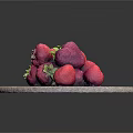 Fresh Ripe Strawberries With Green Leaves On Round Stone Cutting Board Against Black Background